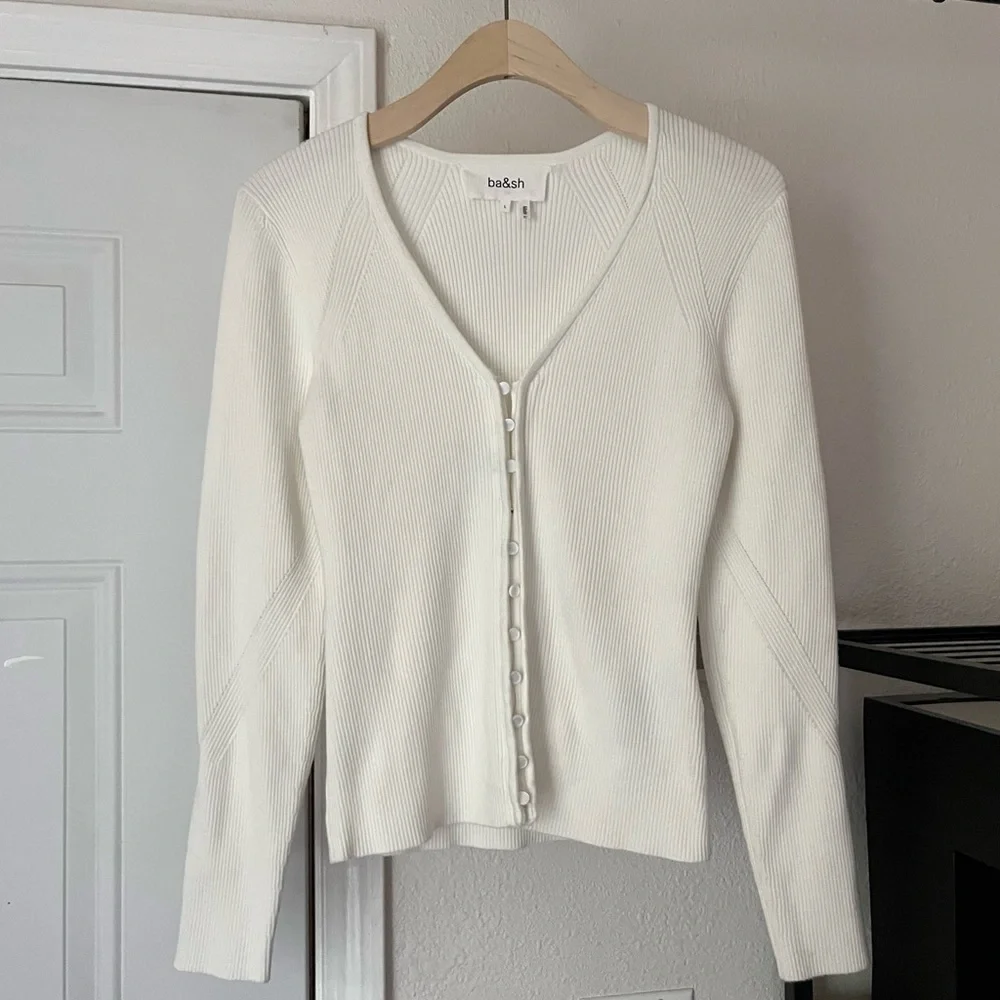 BA&SH white rib knit viscose blend chunky button up puff long sleeve top - Picture 1 of 7